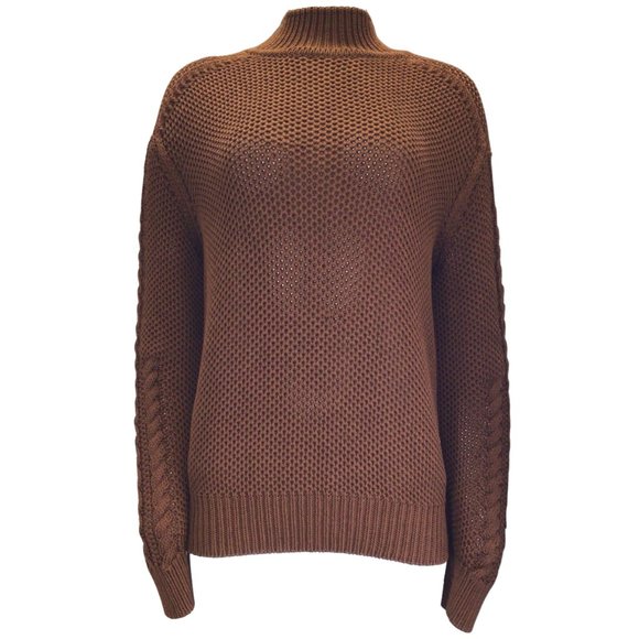 HERMES BROWN LONG SLEEVED MOCK NECK COTTON AND SILK KNIT SWEATER - Picture 1 of 5